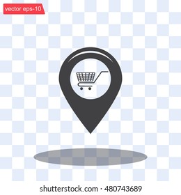 Map pointer with a shopping cart symbol