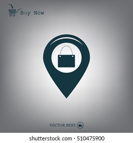 Map pointer with a shopping cart symbol