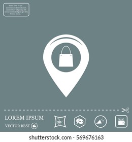 Map pointer with a shopping cart symbol