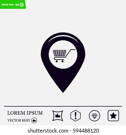 Map pointer with a shopping cart symbol
