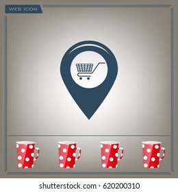 Map pointer with a shopping cart symbol