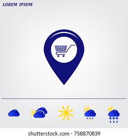 Map pointer with a shopping cart symbol