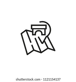 Map pointer with sightseeing symbol line icon. Museum, architecture, paper map. Navigation concept. Can be used for topics like travel, location, guide, excursion