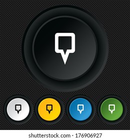 Map pointer sign icon. Location marker symbol. Round colourful buttons on black texture. Vector