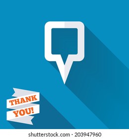 Map pointer sign icon. Location marker symbol. White flat icon with long shadow. Paper ribbon label with Thank you text. Vector