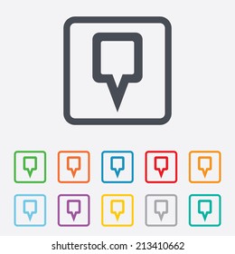 Map pointer sign icon. Location marker symbol. Round squares buttons with frame. Vector