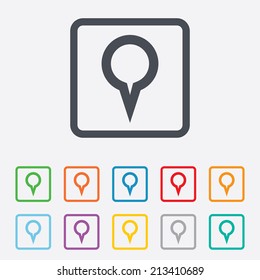Map pointer sign icon. Location marker symbol. Round squares buttons with frame. Vector