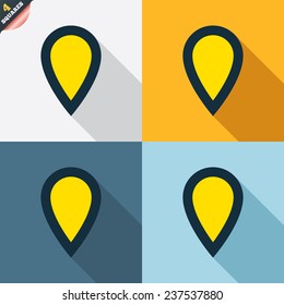 Map pointer sign icon. Location marker symbol. Four squares. Colored Flat design buttons. Vector