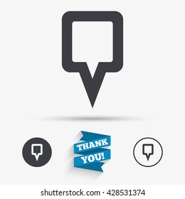 Map pointer sign icon. Location marker symbol. Flat icons. Buttons with icons. Thank you ribbon. Vector