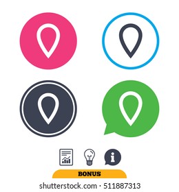 Map pointer sign icon. Location marker symbol. Report document, information sign and light bulb icons. Vector