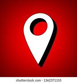 Map pointer sign. Vector. Perspective view of white icon with black outline at reddish background.