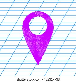 Map pointer sign. Violet scribble icon with school paper.