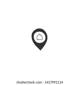 A map pointer silhouette with a house, vector hand drawn icon. Property rental theme. For business branding and identity, for real estate agents and house owners.