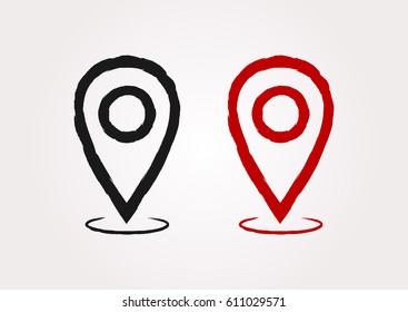 Map pointer. Silhouette sign location. Painted by hand with a rough brush. Isolated symbol. Black and red icons. Vector illustration.