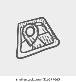 Map with pointer sketch icon sketch icon for web, mobile and infographics. Hand drawn vector dark grey icon isolated on light grey background.