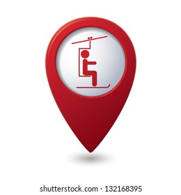 Map Pointer With Skier On The Chair Lift Icon. Vector Illustration