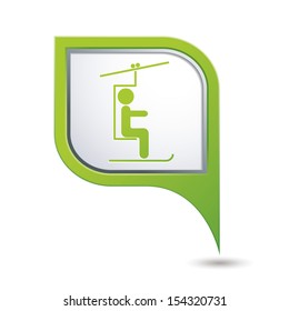 Map pointer with skier on the chair lift icon. Vector illustration