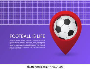 Map pointer with soccer ball icon on the field. Vector illustration.