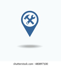 Map pointer with spanner and hammer icon. Single flat icon isolated on white background. vector illustration., One of set web icons. eps 10. Support concept. consumer services.