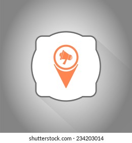 Map pointer - speaker icon. Megaphone, loudspeaker symbol. Flat design style. Made in vector illustration