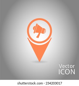 Map pointer - speaker icon. Megaphone, loudspeaker symbol. Flat design style. Made in vector illustration