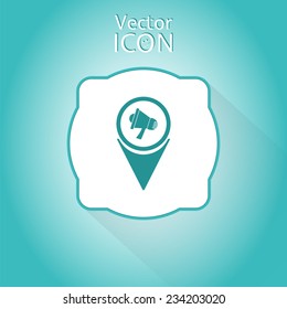Map pointer - speaker icon. Megaphone, loudspeaker symbol. Flat design style. Made in vector illustration