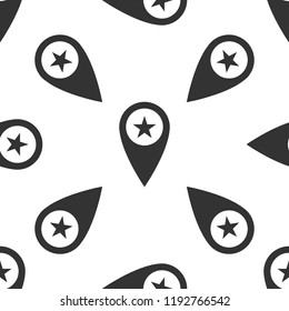 Map pointer with star isolated icon seamless pattern on white background. Star favorite pin map icon. Map markers. Flat design. Vector Illustration