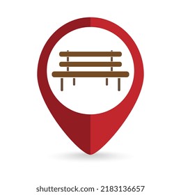 Map pointer with street or park brown bench icon. Vector illustration.