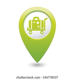 Map pointer with suitcase on wheelbarrow icon. Vector illustration