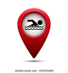 Map pointer with swimming pool icon. Vector isolated illustration.