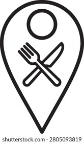 Map pointer symbol featuring restaurant cutlery for navigation and finding local dining spots. Professional location marker for culinary travel guides and food delivery applications. Minimalist destination sign for catering.