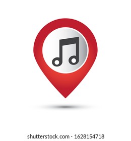 map pointer with symbol of music or concert. For location map. Mark icon