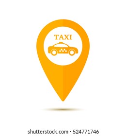 Map pointer with symbol taxi cab in flat design. For location maps. Yellow sign for navigation. Index location on map. Vector isolated illustration.