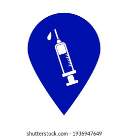 Map pointer with syringe, vaccine icon. Vector icon isolated on white background.