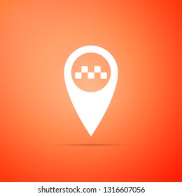 Map pointer with taxi icon isolated on orange background. Flat design. Vector Illustration