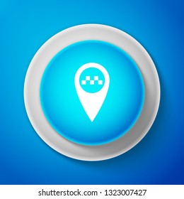 Map pointer with taxi icon isolated on blue background. Circle blue button. Vector Illustration