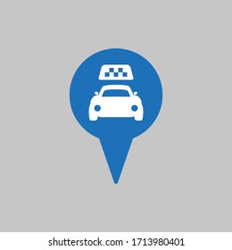 Map pointer with taxi icon on grey background.