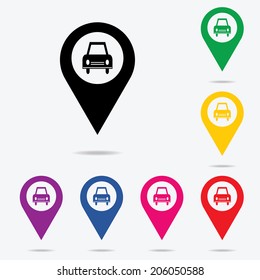 Map pointer with taxi icon. Vector illustration