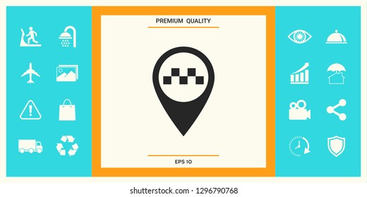 Map pointer with Taxi sign. Graphic elements for your design