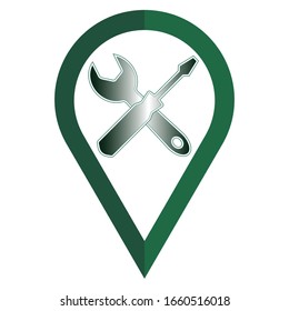 Map pointer technical support. Bright colored vector icon on white background.