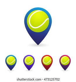 Map pointer with tennis ball icon.  Vector illustration.