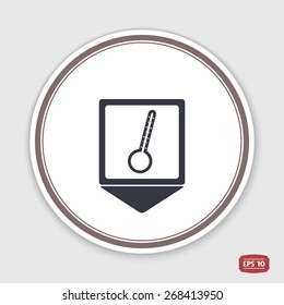 Map pointer. Thermometer icon. Flat design style. Made vector illustration. Emblem or label with shadow.