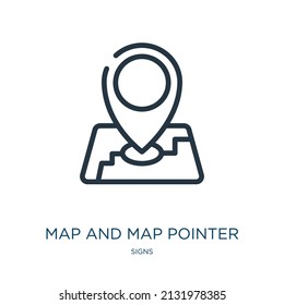 map and map pointer thin line icon. navigation, map linear icons from signs concept isolated outline sign. Vector illustration symbol element for web design and apps.