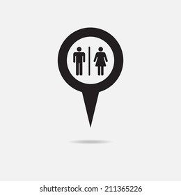 Map pointer with toilet, Washroom, Restroom, Lavatory or WC Sign .