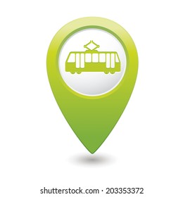 Map pointer with tram icon. Vector illustration