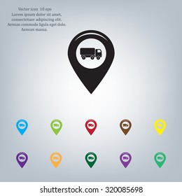 Map pointer with truck icon. Vector illustration