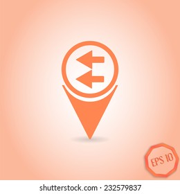 Map pointer with two directional arrows. Pointer left. Flat design style. Made in vector