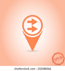 Map pointer with two directional arrows. Pointer to the right. Flat design style. Made in vector