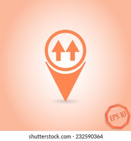 Map pointer with two directional arrows. Pointer up. Flat design style. Made in vector