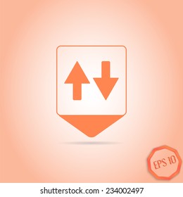 Map pointer with two directional arrows. Pointer down. Flat design style. Made in vector